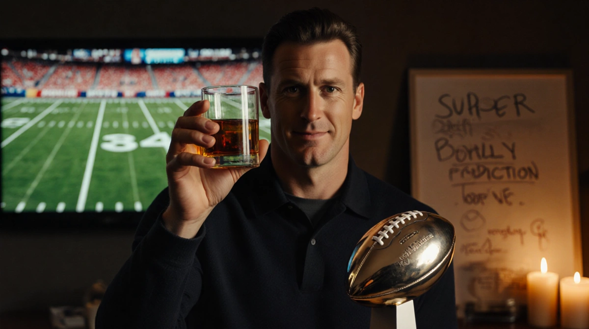 Eli Manning raising a bourbon glass with Super Bowl trophy and football bottle opener on pedestal