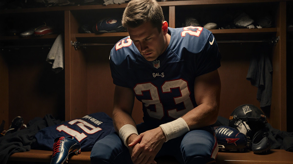 Eli Manning stands alone in dim locker room with discarded jersey and cleats showing retirement reflection