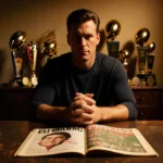 Eli Manning sits with clasped hands near football trophies with Kelce program showing on desk