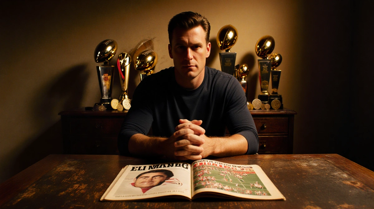 Eli Manning sits with clasped hands near football trophies with Kelce program showing on desk