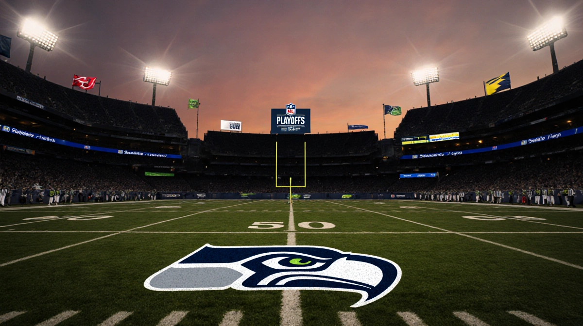 Seattle Seahawks logo on football field at dusk with playoff flags and stadium lights showing playoff determination
