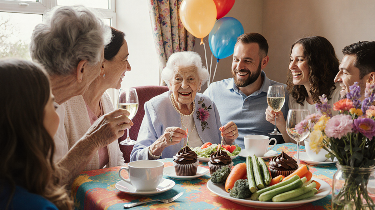 Elizabeth Milner celebrates her birthday with family around a table of tea and cake and balloons