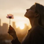Elizabeth Smart stands silhouetted against sunrise with delicate flower showing resilience and hope