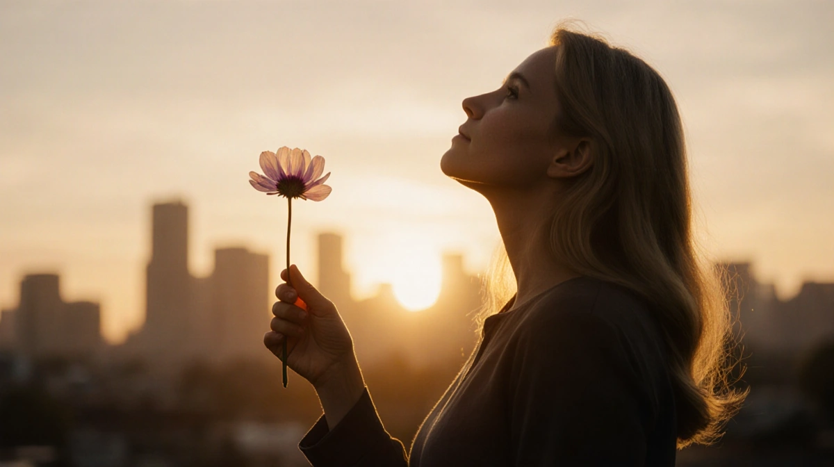 Elizabeth Smart stands silhouetted against sunrise with delicate flower showing resilience and hope