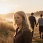 Elizabeth Smart stands with sunset glow behind her and family silhouettes approaching showing hope and resilience