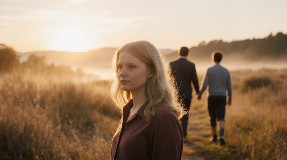 Elizabeth Smart stands with sunset glow behind her and family silhouettes approaching showing hope and resilience