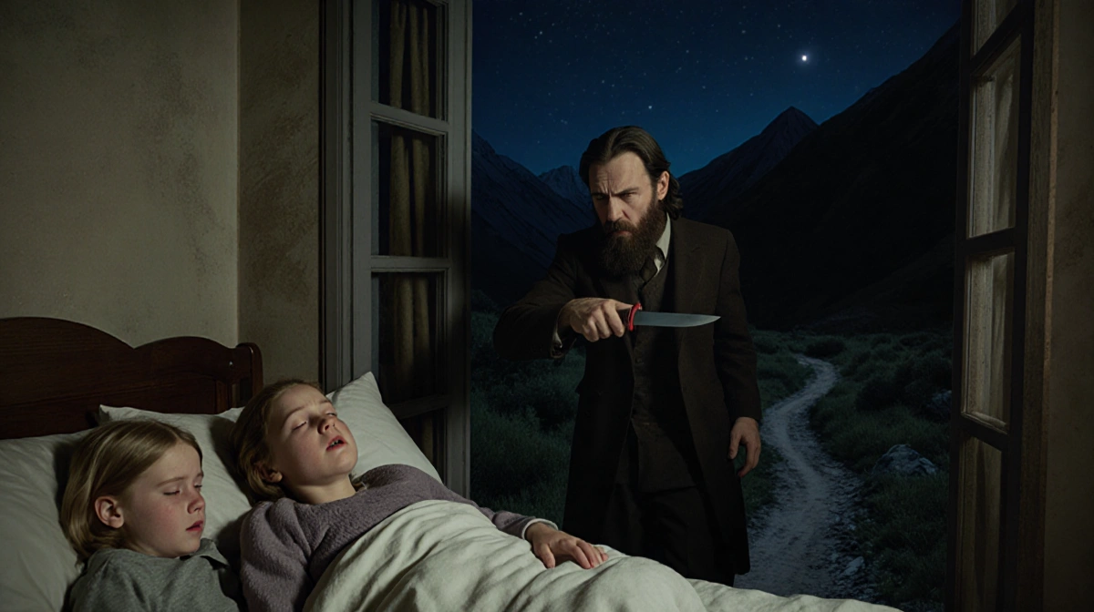 A bearded intruder threatening a sleeping teenage girl with a knife and leading her toward an open window showing dark mounta