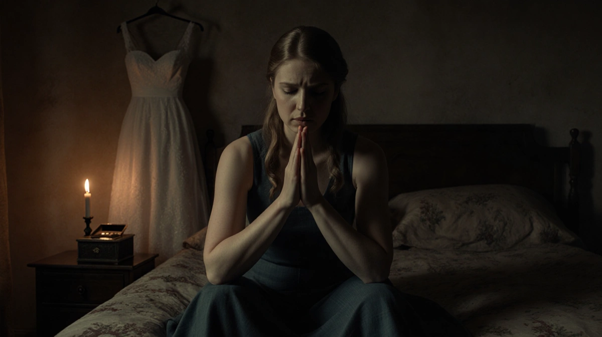 Elizabeth Smart praying with clasped hands and candlelight showing wedding dress outline in dim room