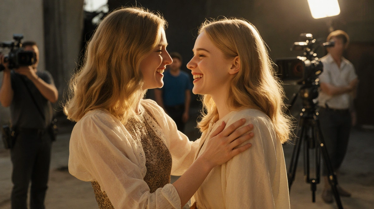 Elle and Dakota Fanning laughing together on set with film crew behind them