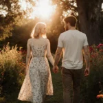 Elle Fanning and Gus Wenner walking hand in hand through wildflower garden with sunset glow behind trees