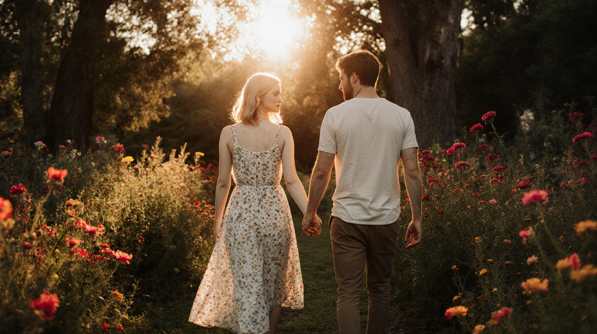 Elle Fanning and Gus Wenner walking hand in hand through wildflower garden with sunset glow behind trees