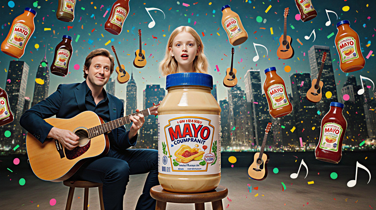Elle Fanning as Mayo rockstar the stage with swirling condiment bottles and Andy Samberg strumming a guitar musical cityscape