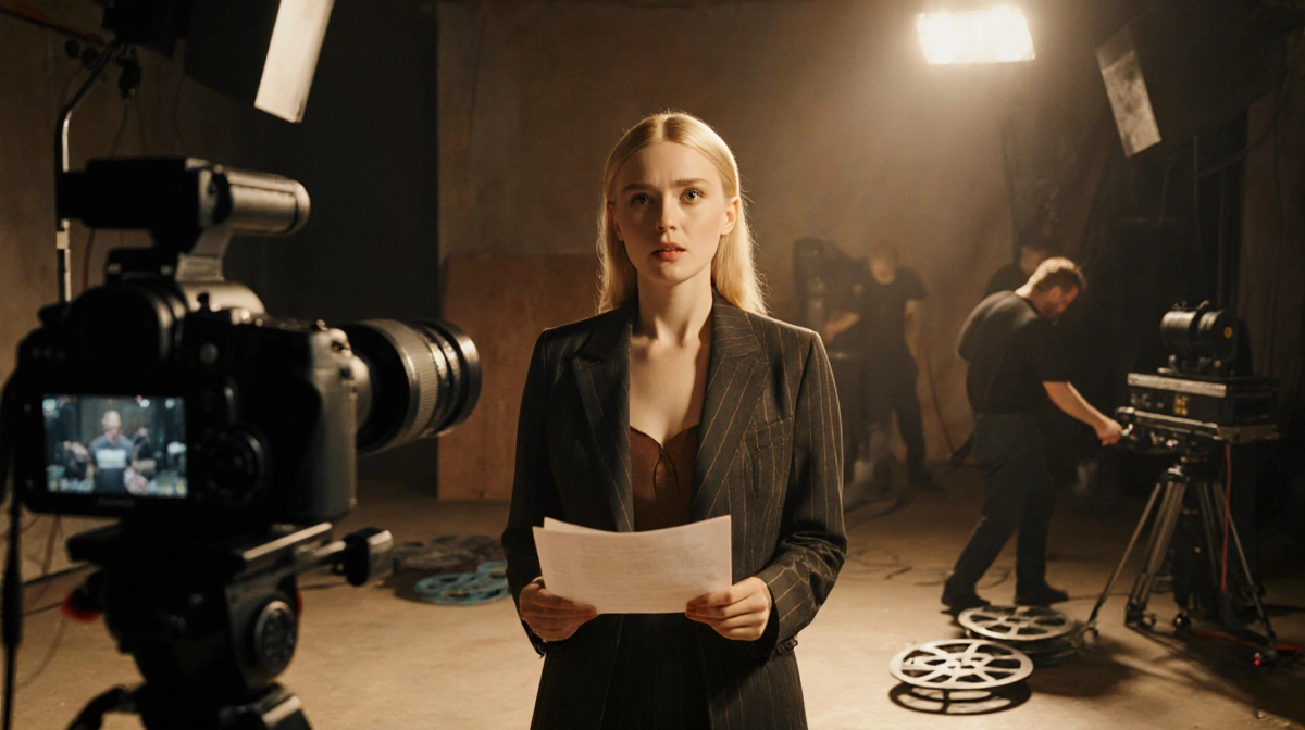 Elle Fanning stands before camera with script in hand and film crew preparing equipment behind her