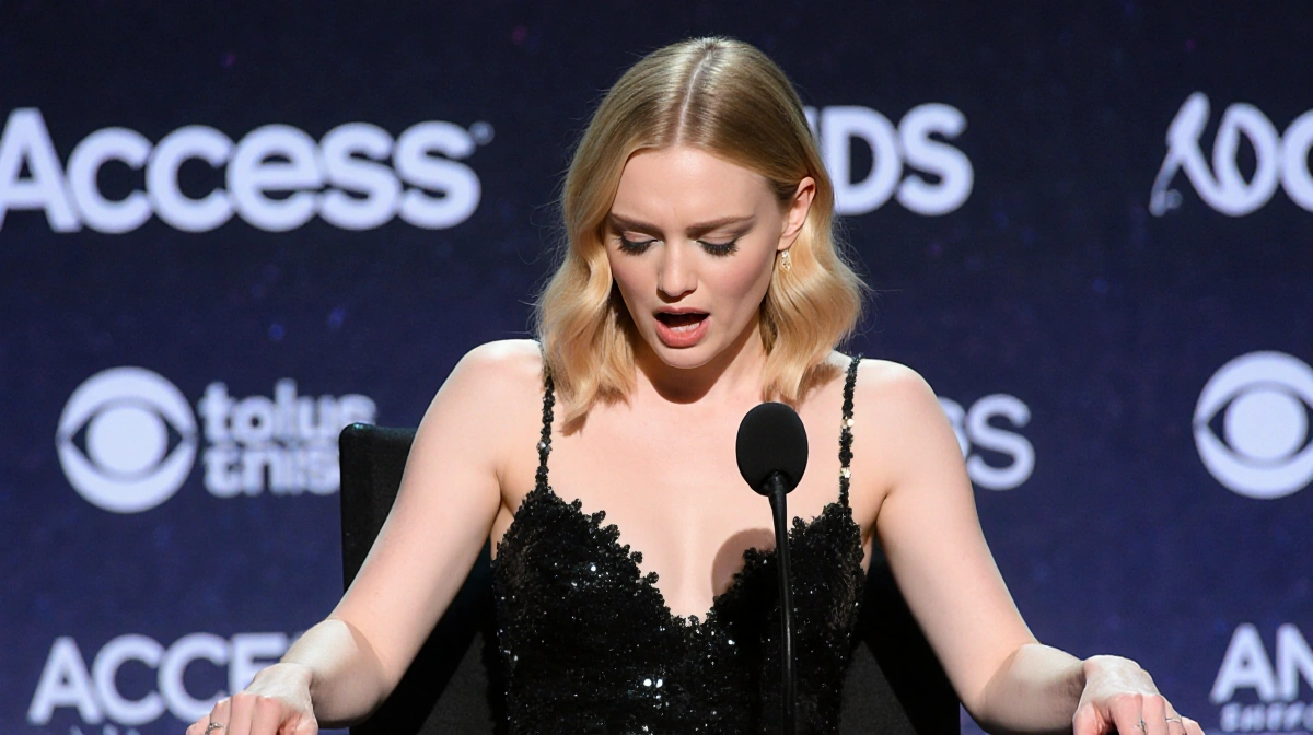 Elle Fanning reacts with surprise at Access Hollywood microphone with ceremony backdrop behind her