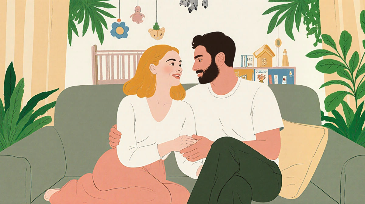 Elle Fanning and Gus Wenner holding hands on couch with nursery toys showing future family plans