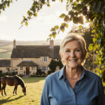 Ellen DeGeneres standing proudly with her $30M farmhouse bathed in golden light and a grazing horse in the foreground