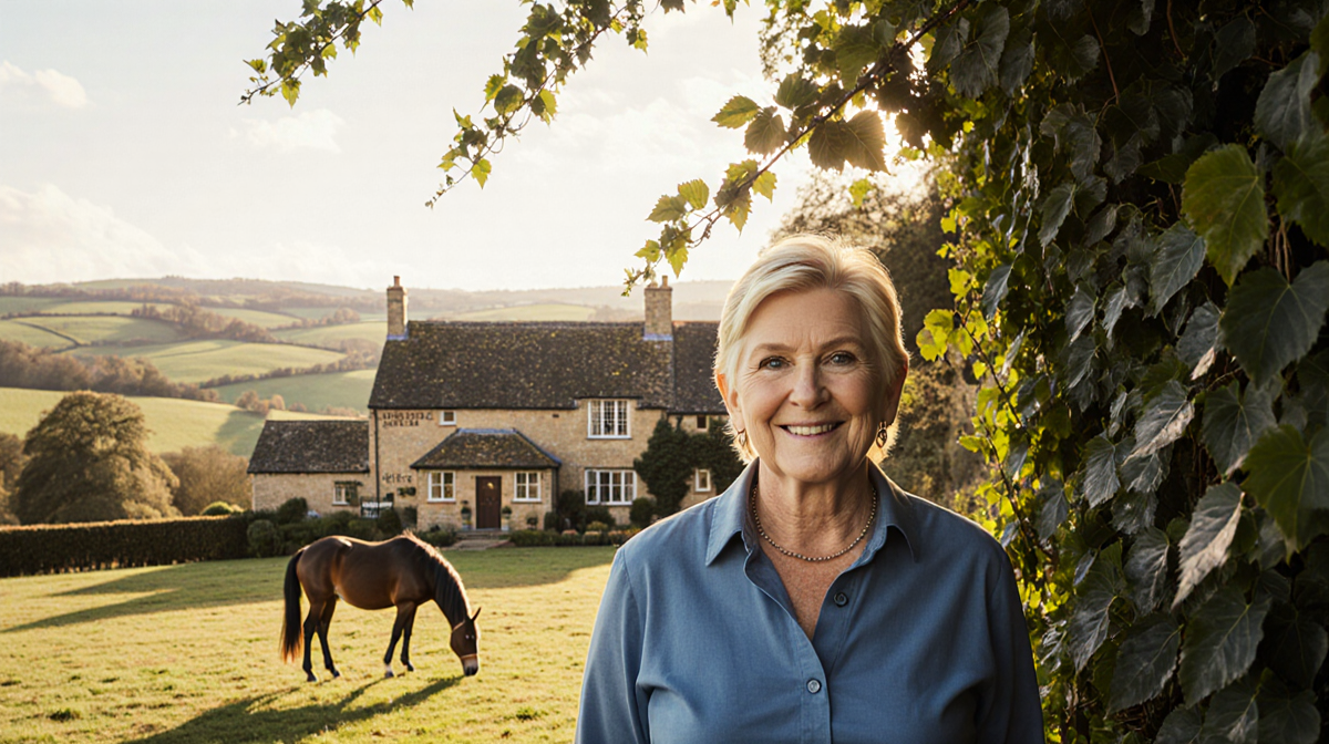 Ellen DeGeneres standing proudly with her $30M farmhouse bathed in golden light and a grazing horse in the foreground