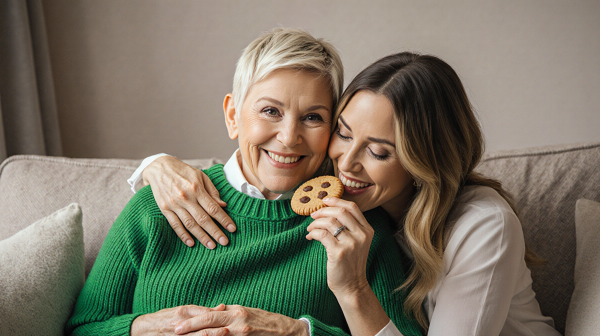 Ellen hugs Portia as a couple in a cozy birthday setting with a bright green sweater and a cookie on a nearby table