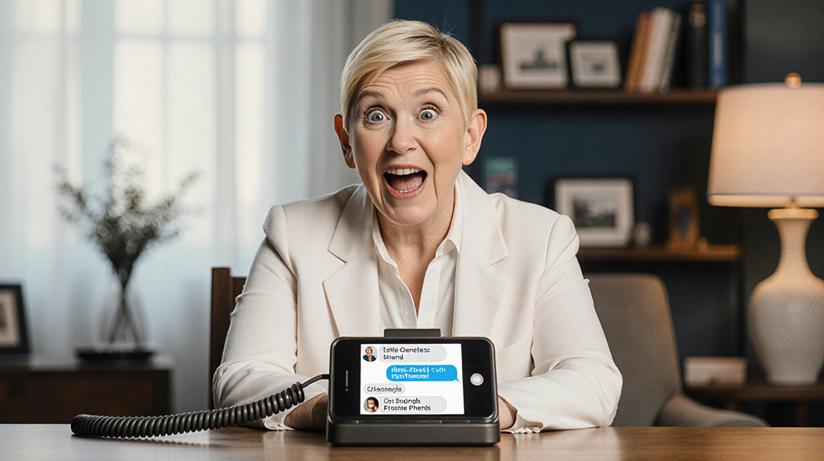 Ellen DeGeneres laughing with surprised expression while looking at text messages on a vintage telephone
