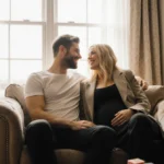 Ellie Goulding smiling at Beau Minniear with her hand resting on her baby bump and soft light filling the cozy room