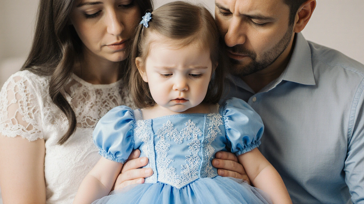 Little girl wearing blue princess gown with puffy sleeves rests in parents' loving arms with concern and tenderness showing