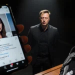 Elon Musk stands in courtroom with baby sleeping in stroller and influencer phone on table