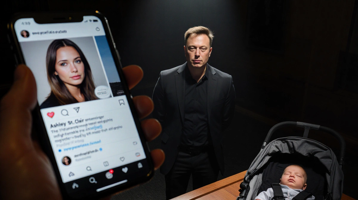 Elon Musk stands in courtroom with baby sleeping in stroller and influencer phone on table