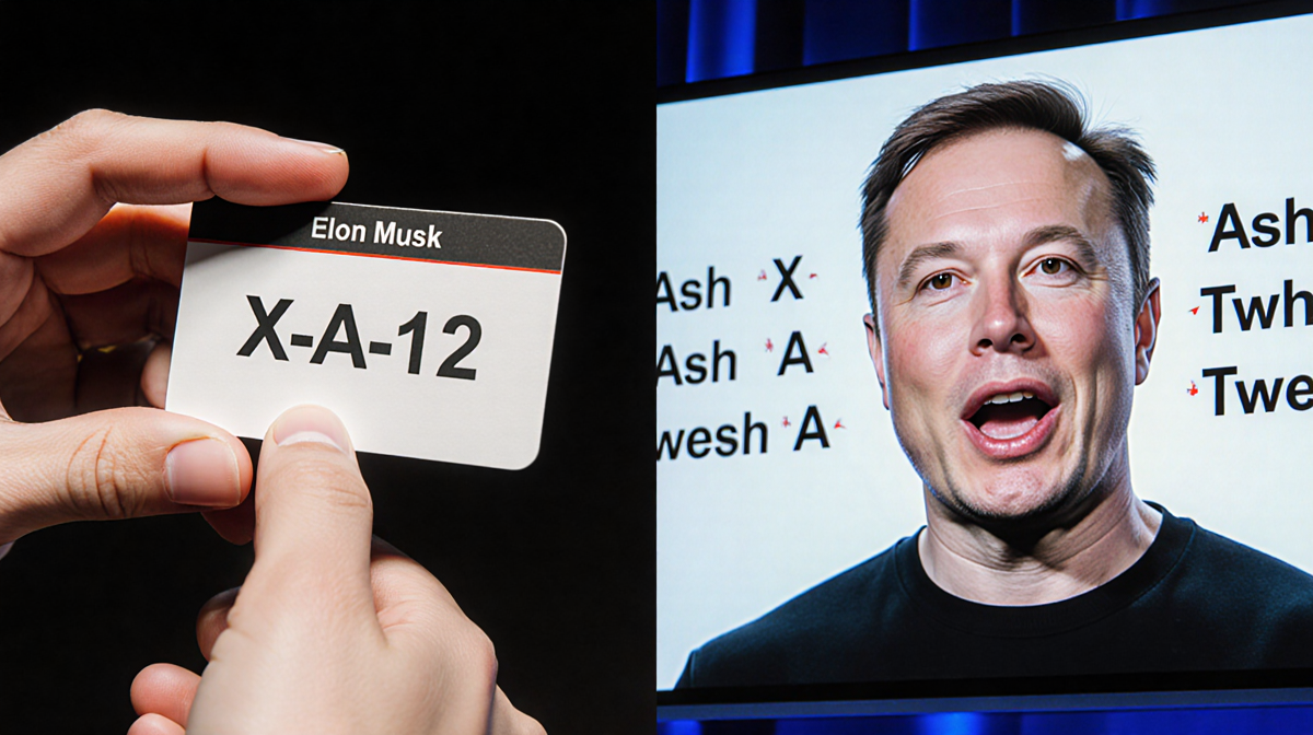 Elon Musk holds a name card with X Æ A-12 while the podcast clip plays and shows pronunciation guides.