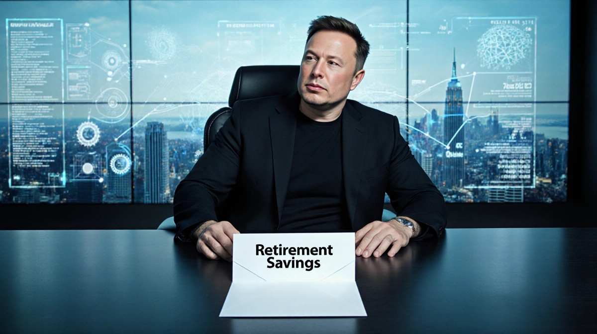 Elon Musk leans back dismissively at desk with empty retirement envelope and glowing AI screens behind