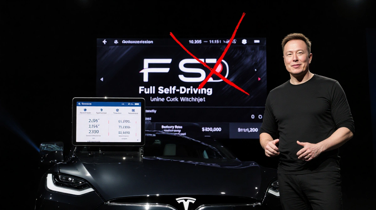 Elon Musk stands by Tesla Model S with FSD interface showing red X and subscription pricing on nearby device