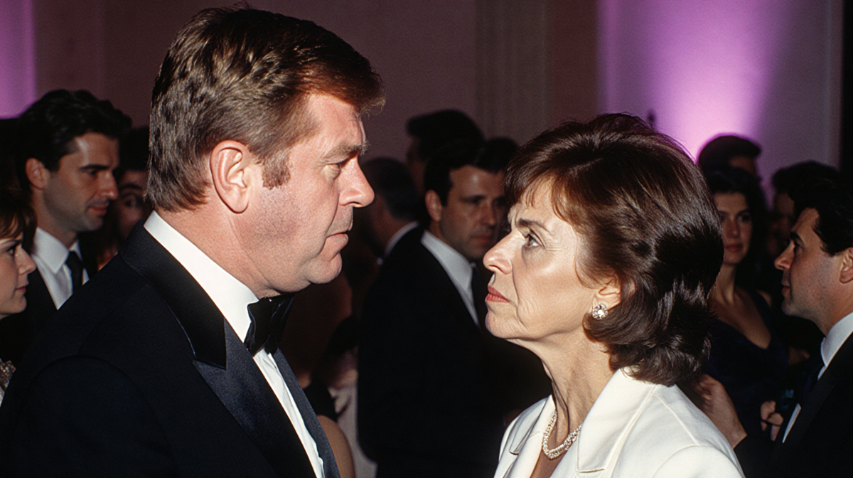 Elton John and Billie Jean King standing apart with nervous smiles and connecting amid a blurred party crowd