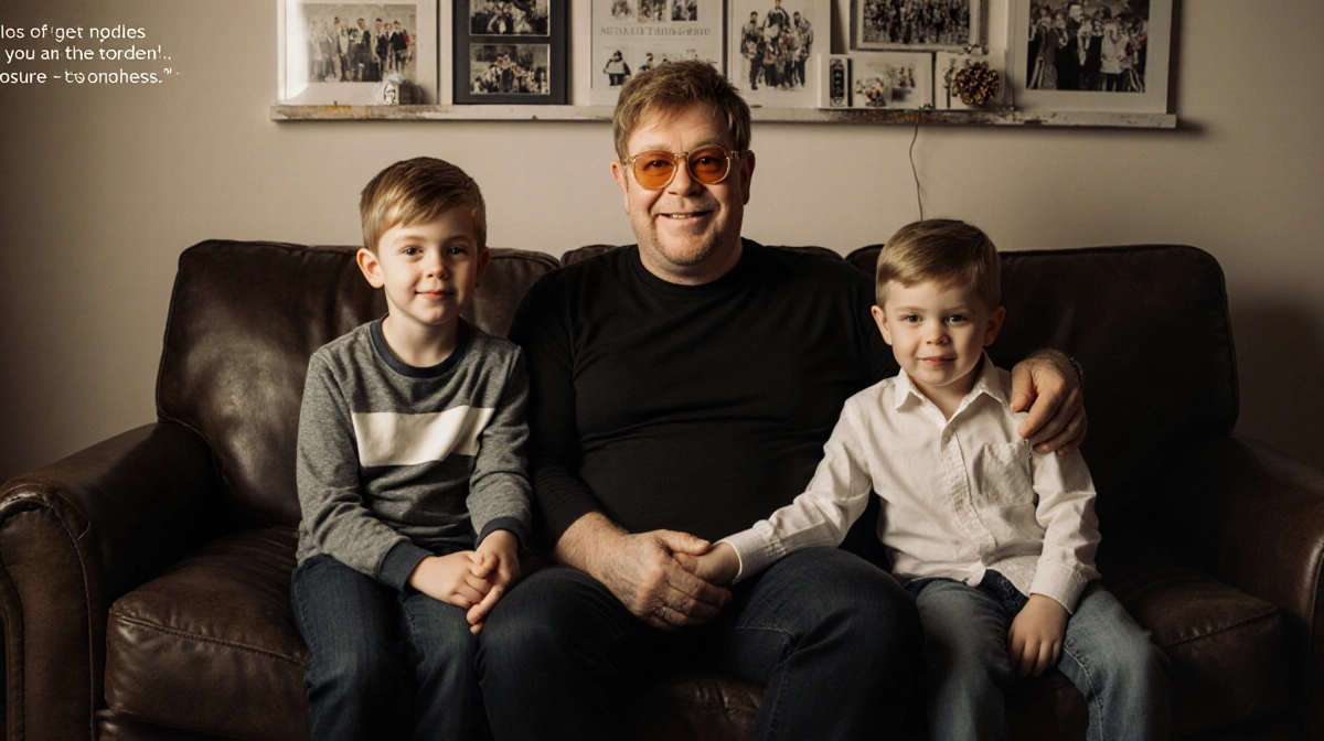 Elton John sitting on couch holding hands with sons Zachary and Elijah with family photos on wall behind them