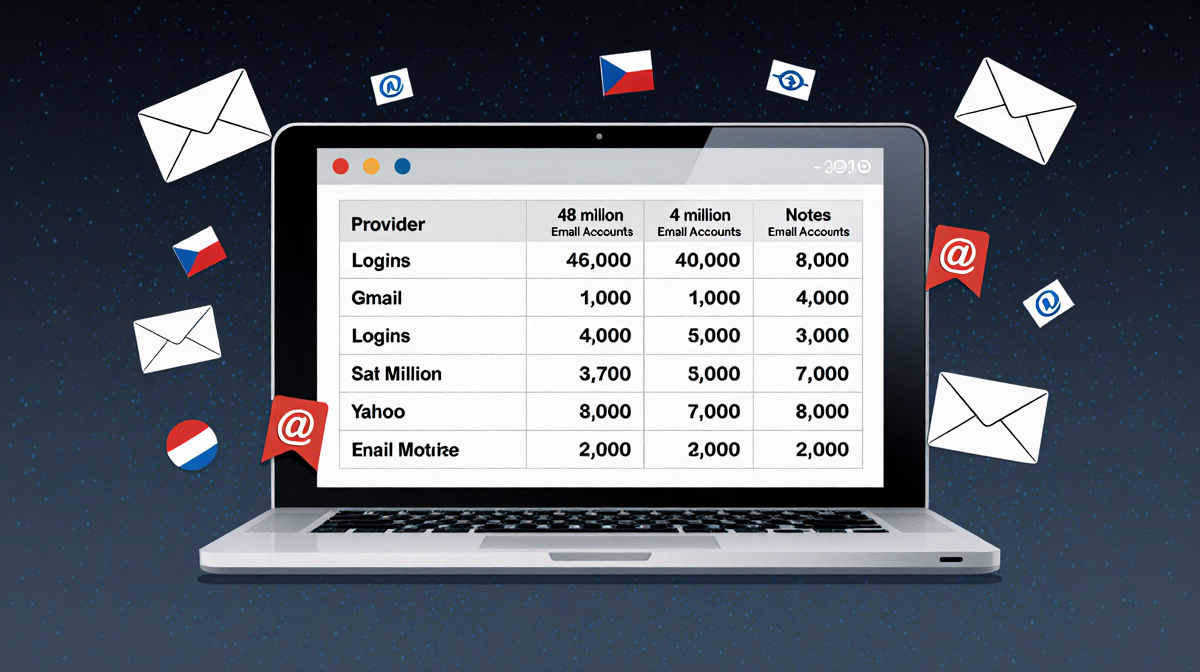 Computer screen shows email breach table with Gmail 48M logins and Yahoo 4M and envelopes icons near table