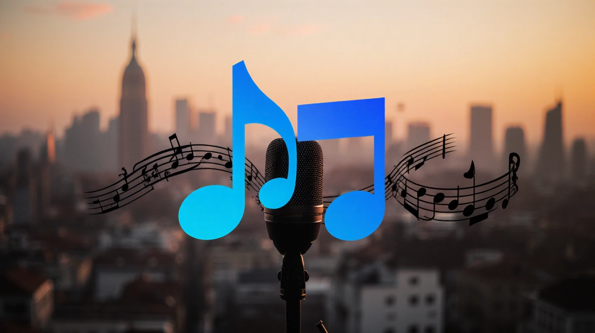 Two intertwined blue musical notes stand against sunset cityscape with microphone stand and guitar showing nostalgic music co