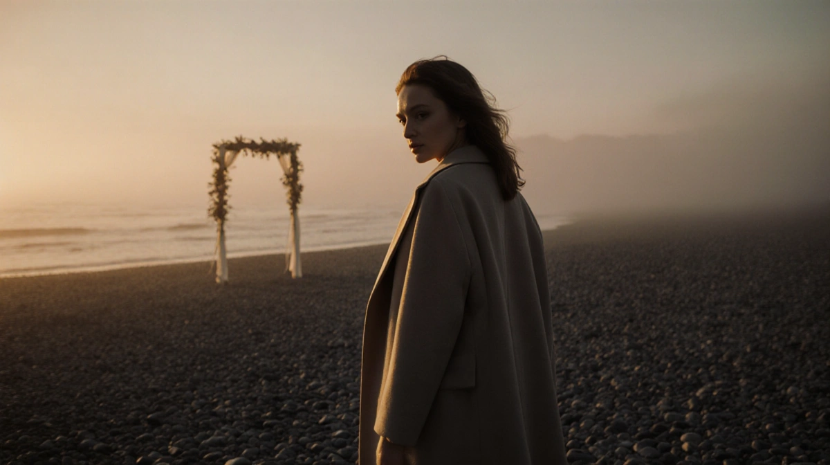 Emeli Sandé stands alone on a beach with her back to the viewer and a distant wedding arch visible through the mist