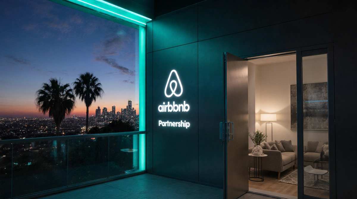 Emergency housing unit glows with soft blue-green lights at night with Airbnb partnership logo and city skyline through windo