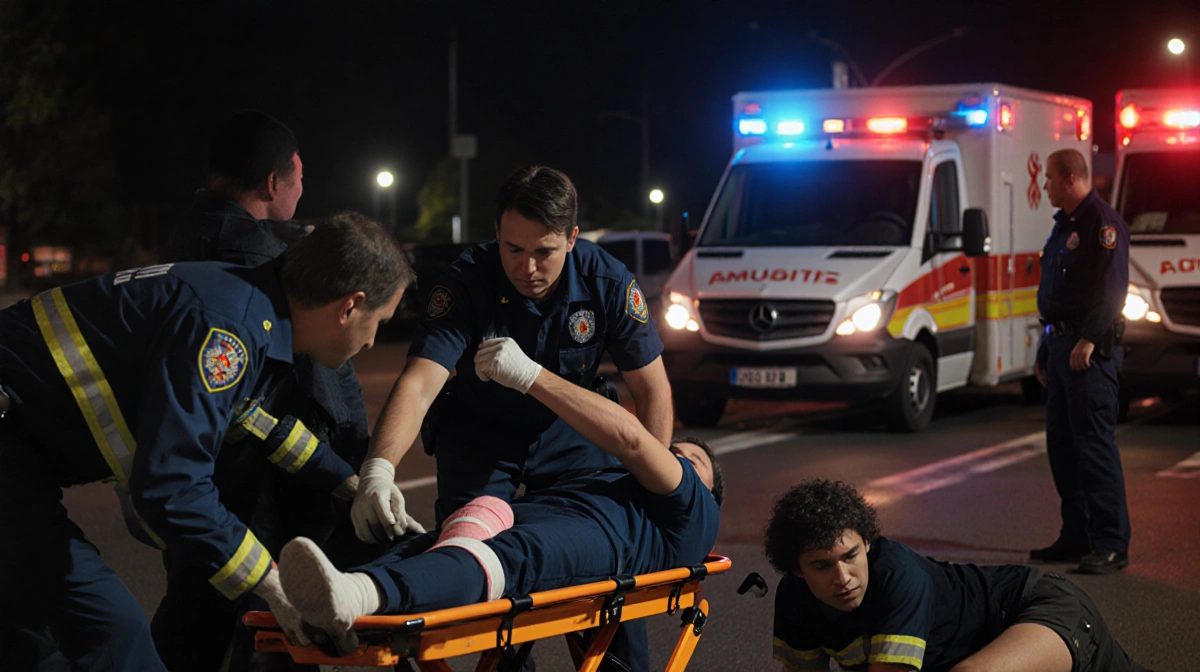 Medical personnel treating injured person on stretcher with emergency lights flashing and rescue crew nearby