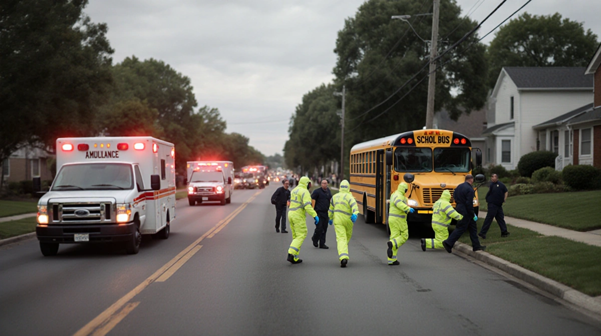 First responders in hazmat suits kneel beside school bus with ambulance and fire trucks at emergency scene