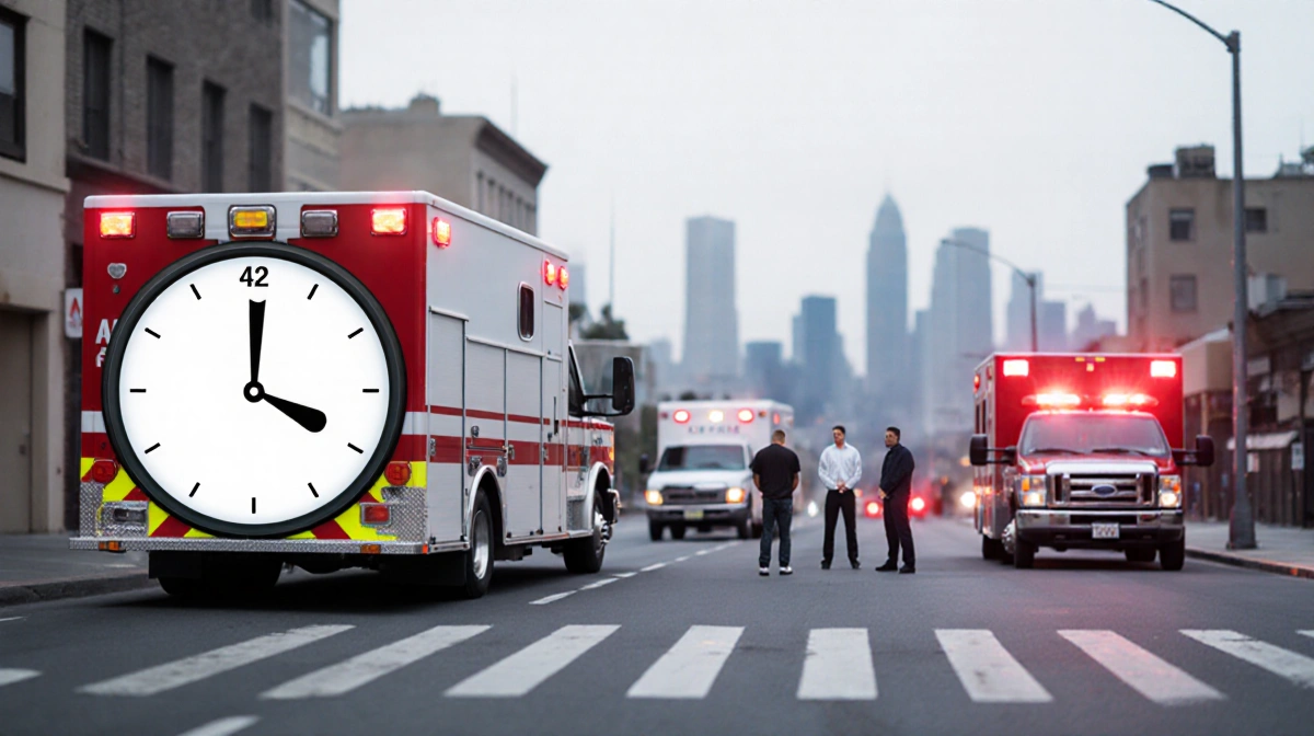 Emergency vehicles blocking LA street with timer showing 4:30 and anxious crowd waiting behind fire truck