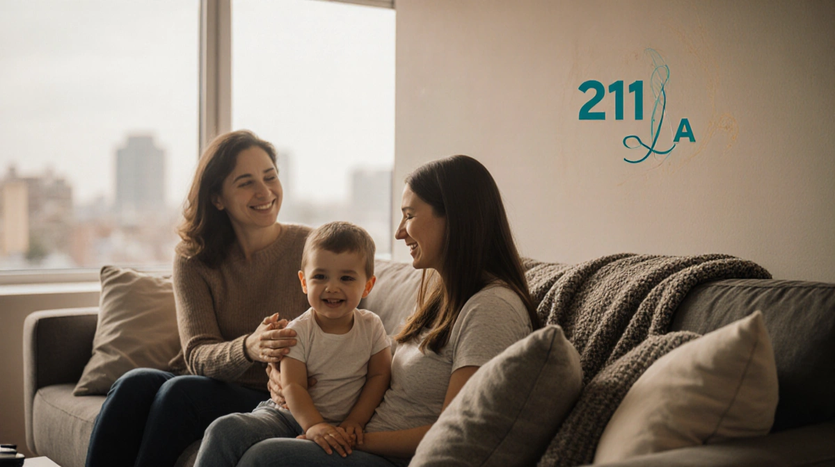 Mother and child sitting together on couch with neighbor nearby showing comfort and support in emergency shelter