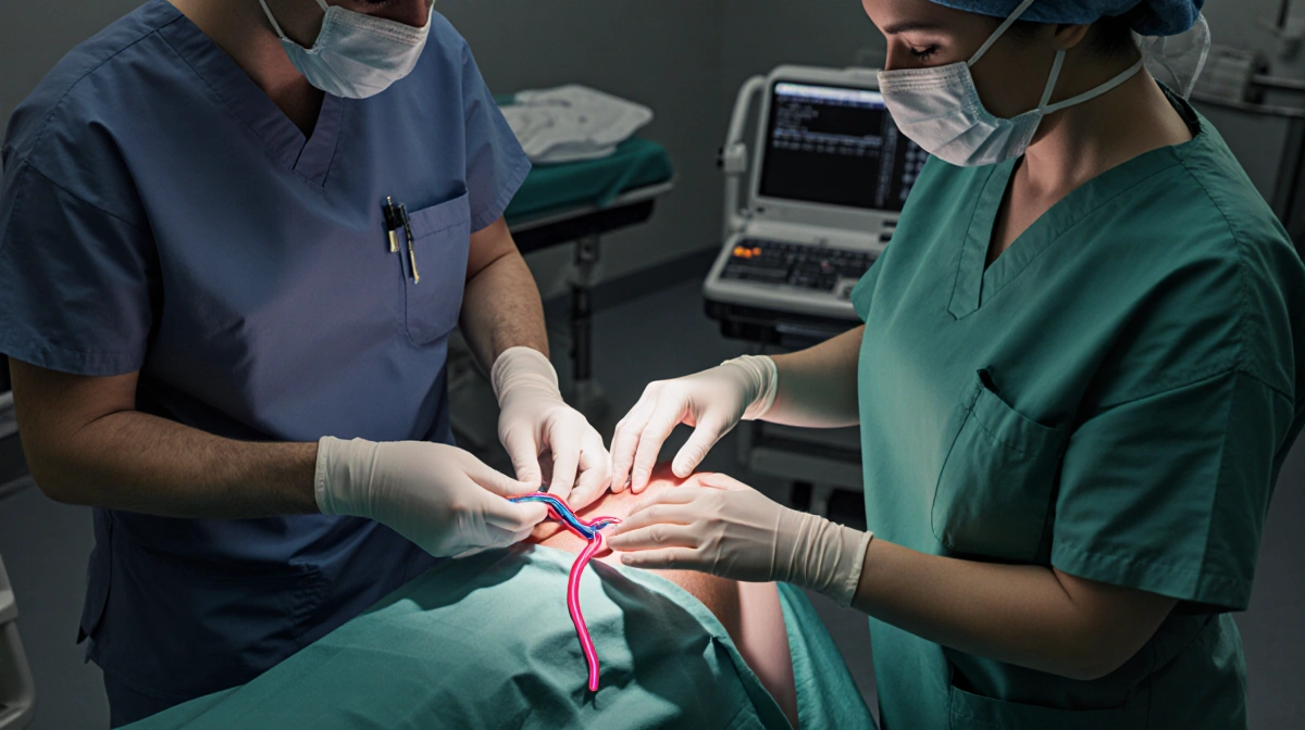 Surgeons performing emergency vein graft surgery with one holding the graft and the other guiding placement near operating ta