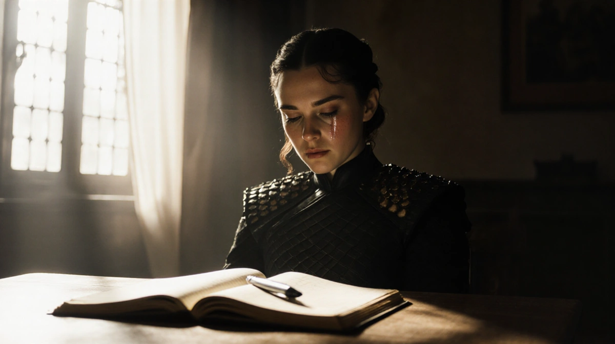 Emilia Clarke sits alone with tears on her cheeks and abandoned notebook on wooden table