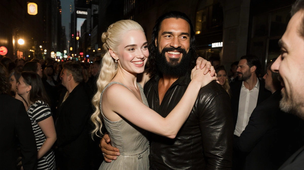 Emilia Clarke hugs Jason Momoa backstage with warm lighting showing their smiles and NYC venue crowd