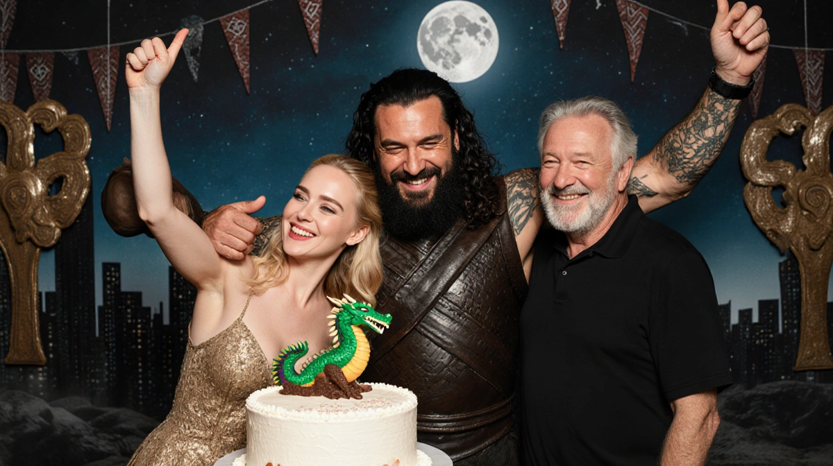Emilia Clarke leaning on Jason Momoa's shoulder with dragon gesture and Game of Thrones birthday cake behind