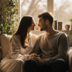 Emily and Justin a warm couple sitting together holding hands with golden light and surrounding greenery