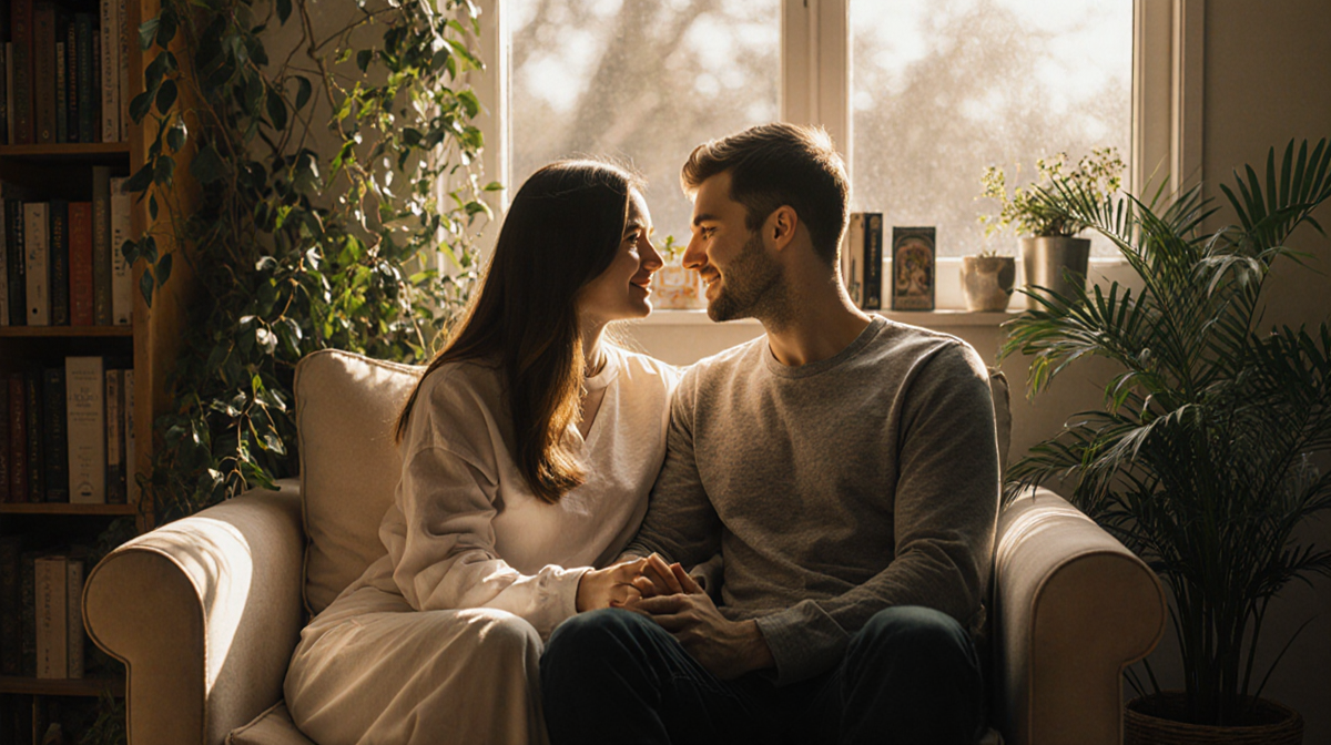 Emily and Justin a warm couple sitting together holding hands with golden light and surrounding greenery
