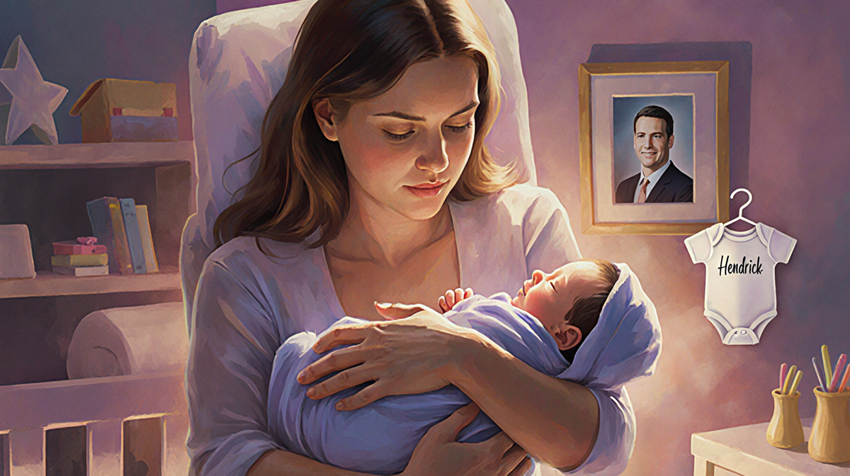 Emily cradles her newborn daughter with a tiny onesie and soft pastel nursery light beside a framed photo of Ricki Hendrick