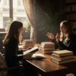 Emma Roberts and Karah Preiss discussing books at wooden table with leather-bound novel and cozy library background