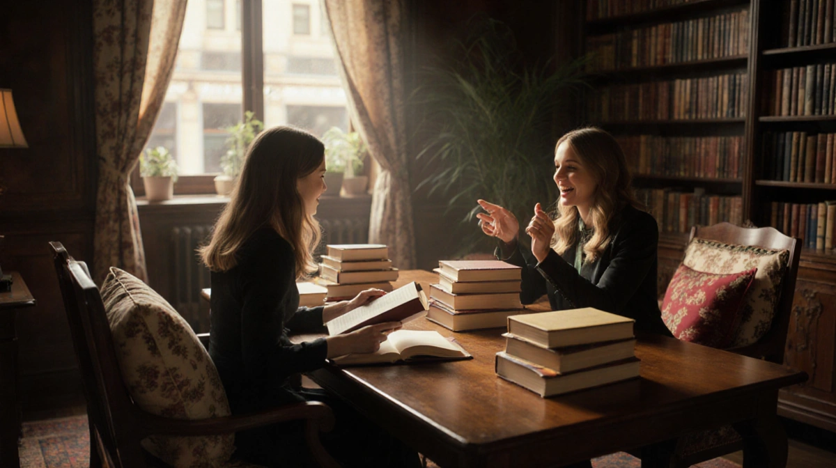 Emma Roberts and Karah Preiss discussing books at wooden table with leather-bound novel and cozy library background
