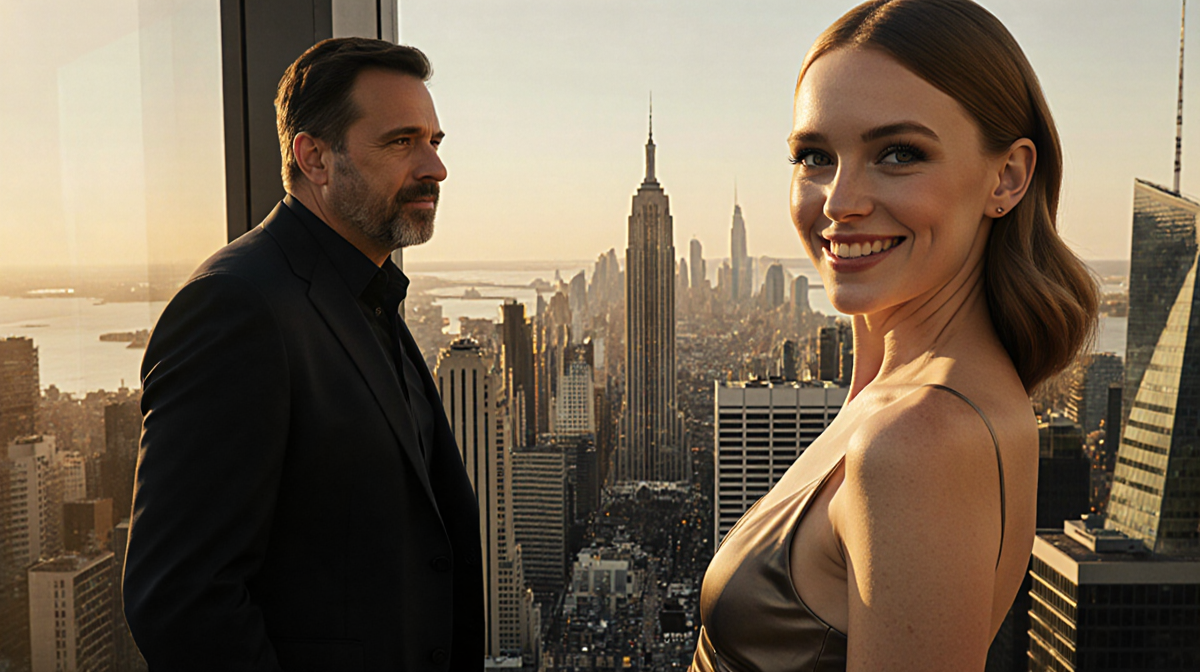 Emma Stone stands confidently with sunset cityscape behind and subtle Bugonia branding in foreground